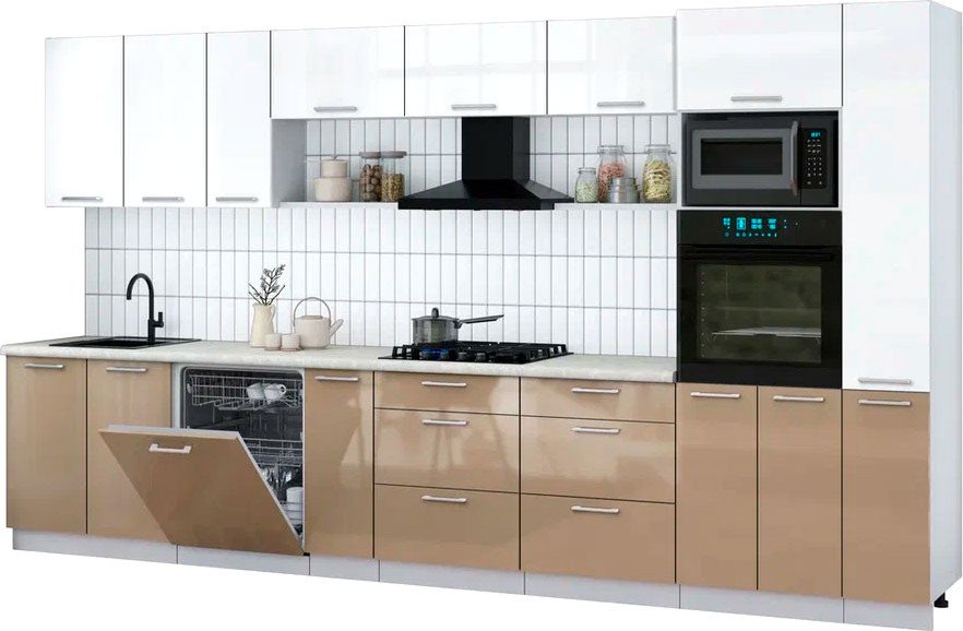 

Готовая кухня Интерлиния Мила Gloss 3.8-ПМ1 (капучино глянец/белый глянец/опал светлый)