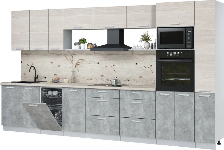 

Готовая кухня Интерлиния Мила Лайт 3.8-ПМ3 ( вудлайн кремовый/бетон/бискайская сосна)