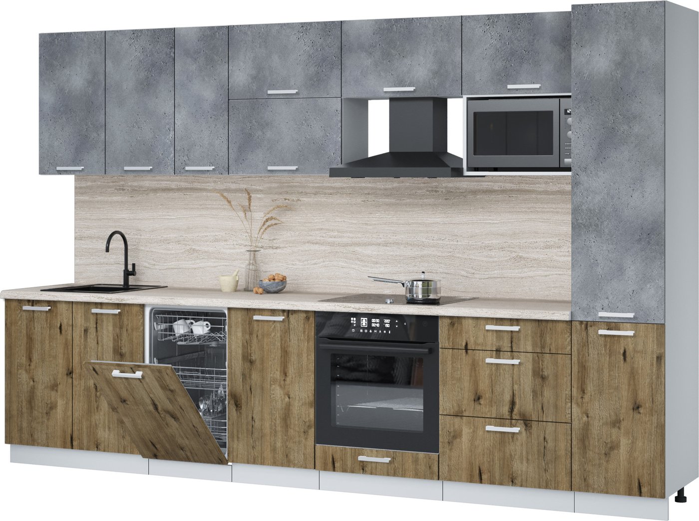 

Готовая кухня Интерлиния Мила Лайт 3.3-ПМ4 (бетон портленд/дуб веллингтон/травертин серый)