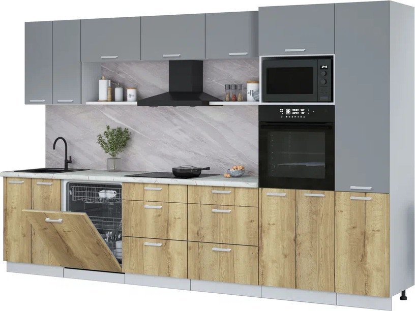 

Готовая кухня Интерлиния Мила Лайт 3.4-ПМ1 (серебро/дуб золотой/серый каспий)