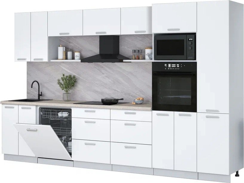 

Готовая кухня Интерлиния Мила Лайт 3.4-ПМ1 (белый платинум/белый платинум/травертин серый)