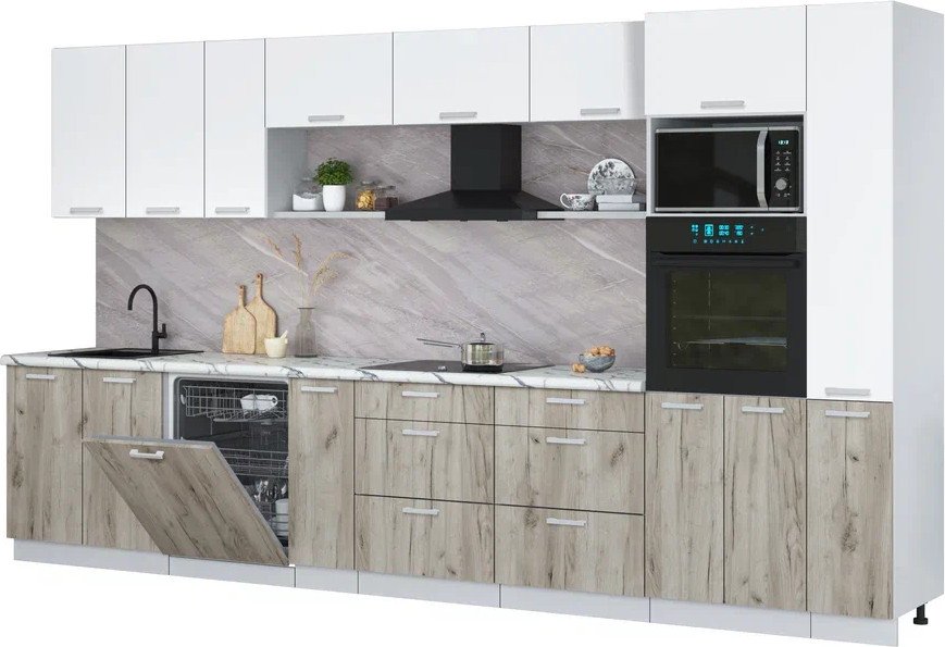 

Готовая кухня Интерлиния Мила Лайт 3.8-ПМ1 (белый платинум/дуб серый/белый гранит)