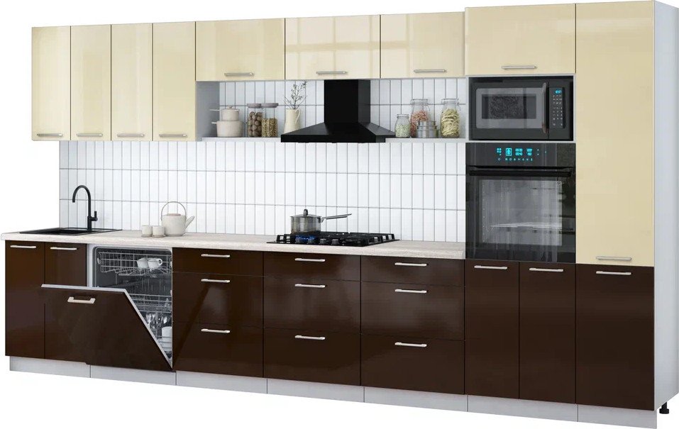 

Готовая кухня Интерлиния Мила Gloss 4.0-ПМ1 (шоколад глянец/ваниль глянец/травертин серый)