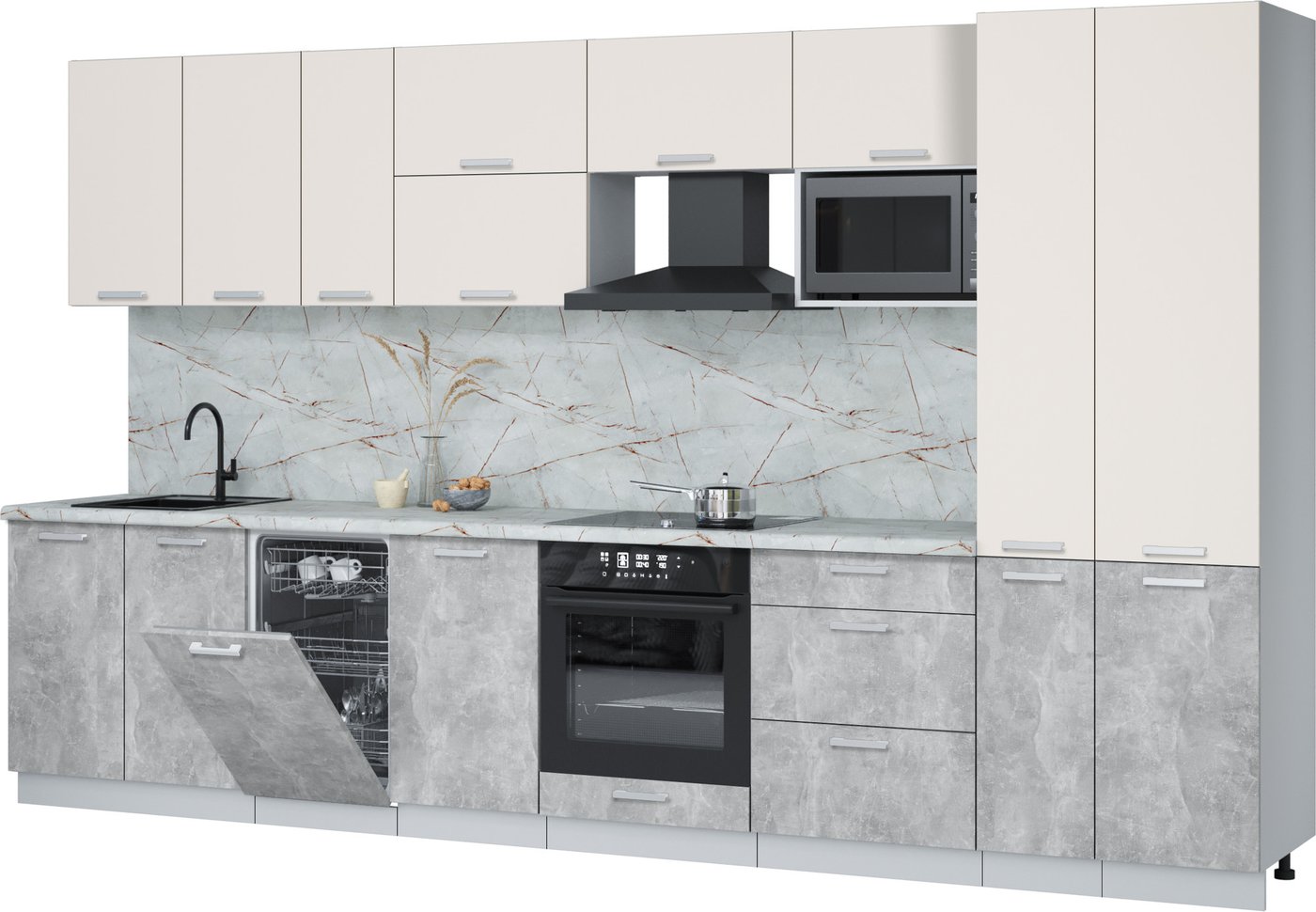 

Готовая кухня Интерлиния Мила Лайт 3.6-ПМ4 (персидский жемчуг/бетон/серый каспий)