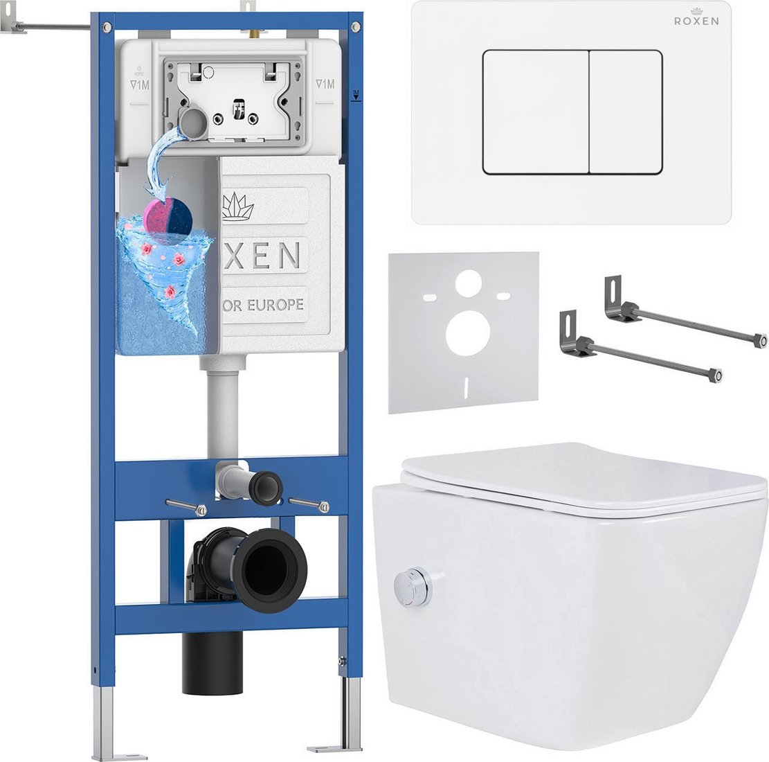 Унитаз подвесной Roxen Cube Tornado Bidet в комплекте с инсталляцией StounFix Dual Fresh 6 в 1 868531 (кнопка: белый глянцевая)