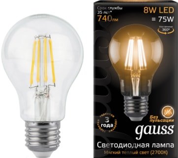 

Светодиодная лампочка Gauss Filament A60 E27 8 Вт 2700 К 102802108
