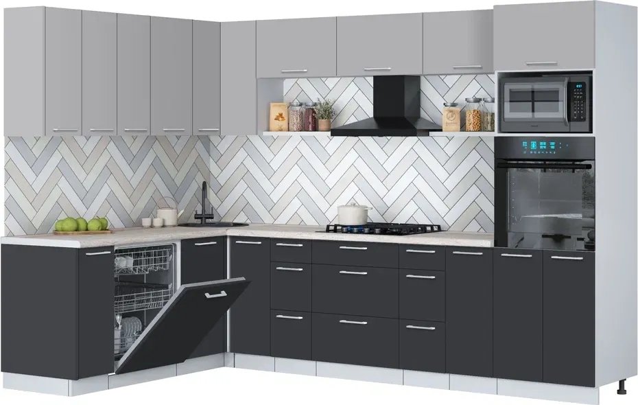 

Готовая кухня Интерлиния Мила Gloss 1.896х2.98-2 (пепел/грей/травертин серый)