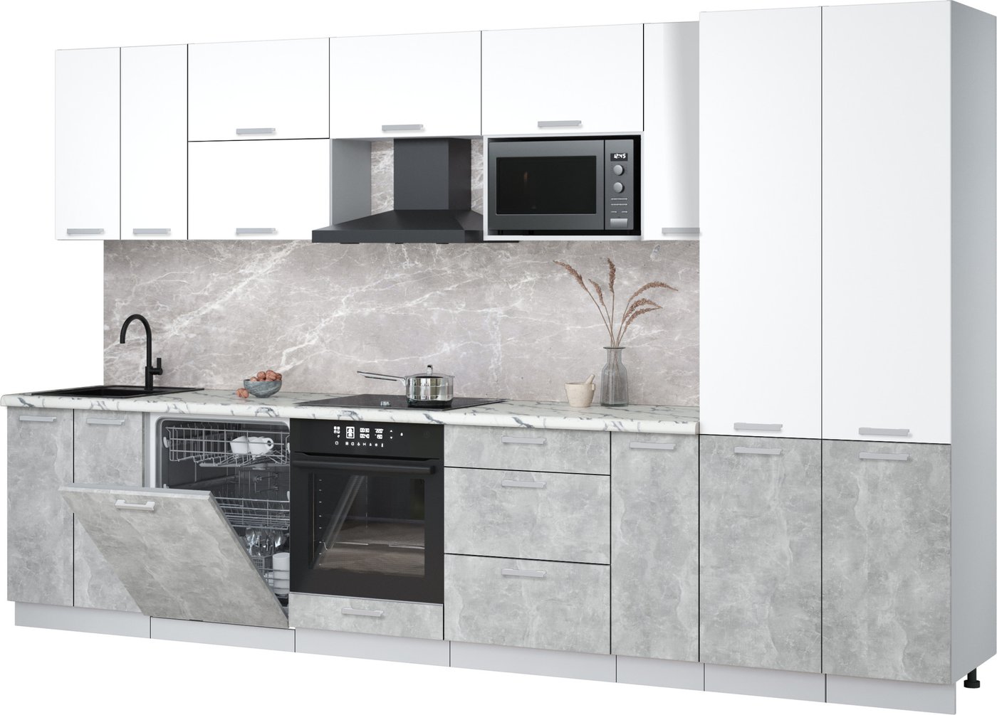 

Готовая кухня Интерлиния Мила Лайт 3.5-ПМ2 (белый платинум/бетон/белый гранит)