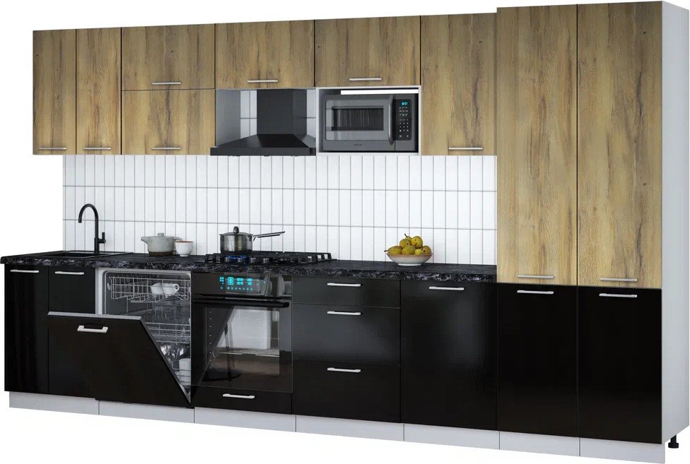 

Готовая кухня Интерлиния Мила Gloss 3.7-ПМ2 (черный глянец/дуб вотан/кастилло темный)