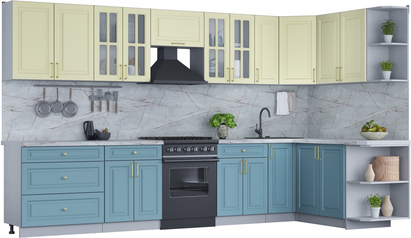 

Готовая кухня Интерлиния Мила Шато 1.7x3.5 правая (слоновая кость/океан/серый каспий)