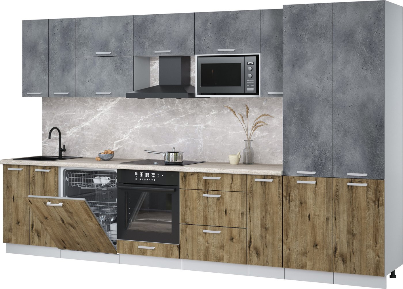 

Готовая кухня Интерлиния Мила Лайт 3.5-ПМ2 (бетон портленд/дуб веллингтон/травертин серый)