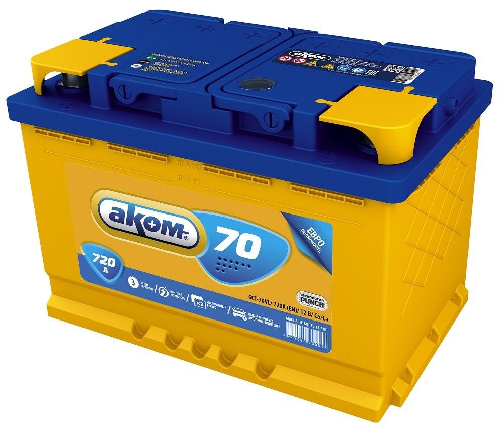 

Автомобильный аккумулятор AKOM 6CT-70e R+ (70 А·ч)