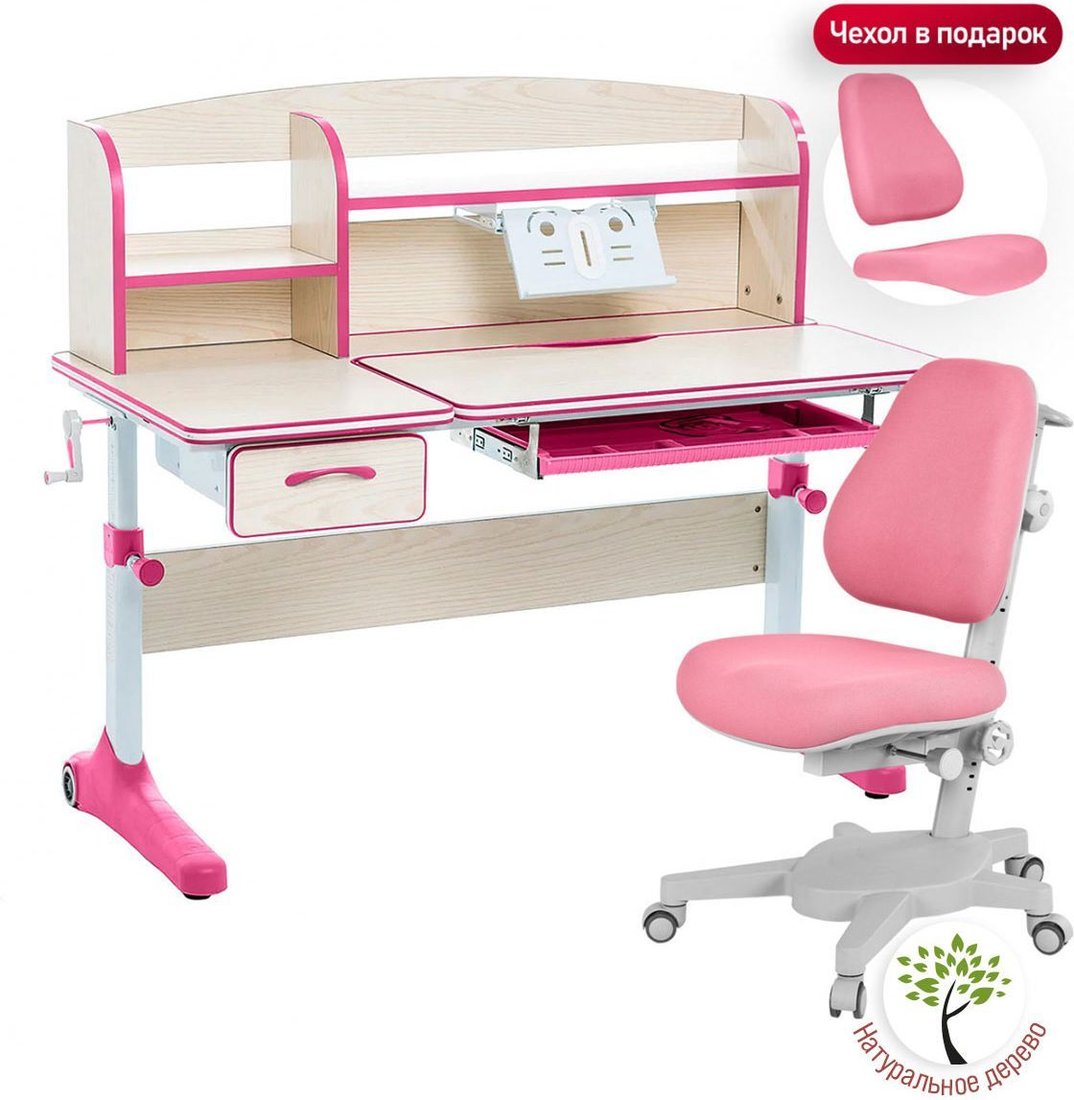 

Парта Anatomica Uniqa + надстройка + подставка для книг с розовым креслом Armata (клен/розовый)