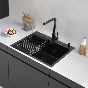 Кухонная мойка ARFEKA ECO AR мойка 600*500, коландер, дозатор BLACK DECOR VOLCANIC ROCK
