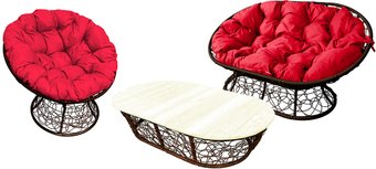 M-Group Мамасан, Папасан и стол 12140206 (коричневый ротанг/красная подушка)