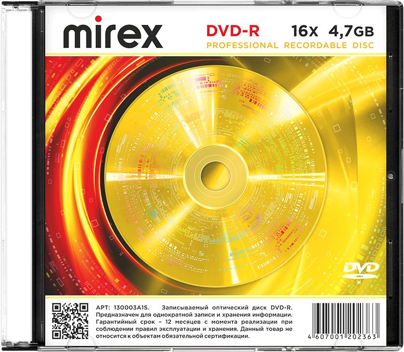 

DVD-R диск Mirex 4.7Gb 16x UL130003A1S (1 шт.)