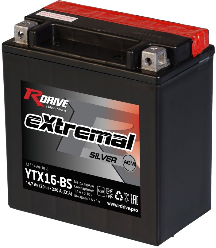

Мотоциклетный аккумулятор RDrive eXtremal Silver YTX16-BS (14.7 А·ч)
