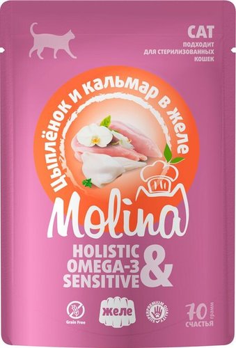 Пресервы Molina Пауч для взрослых кошек. Цыпленок и кальмар в желе 70 г