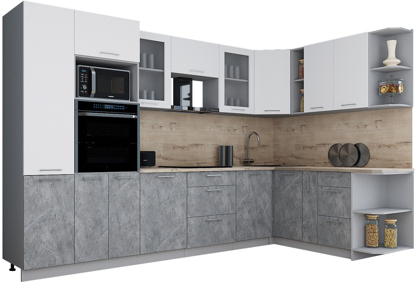 

Готовая кухня Интерлиния Мила Gloss 1.88x3.2 правая (белый софт/керамика/травертин серый)
