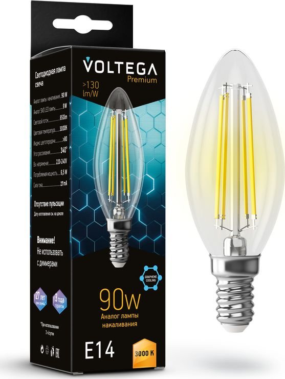 

Светодиодная лампочка Voltega Crystal Graphene Candle 9W 3000K E14