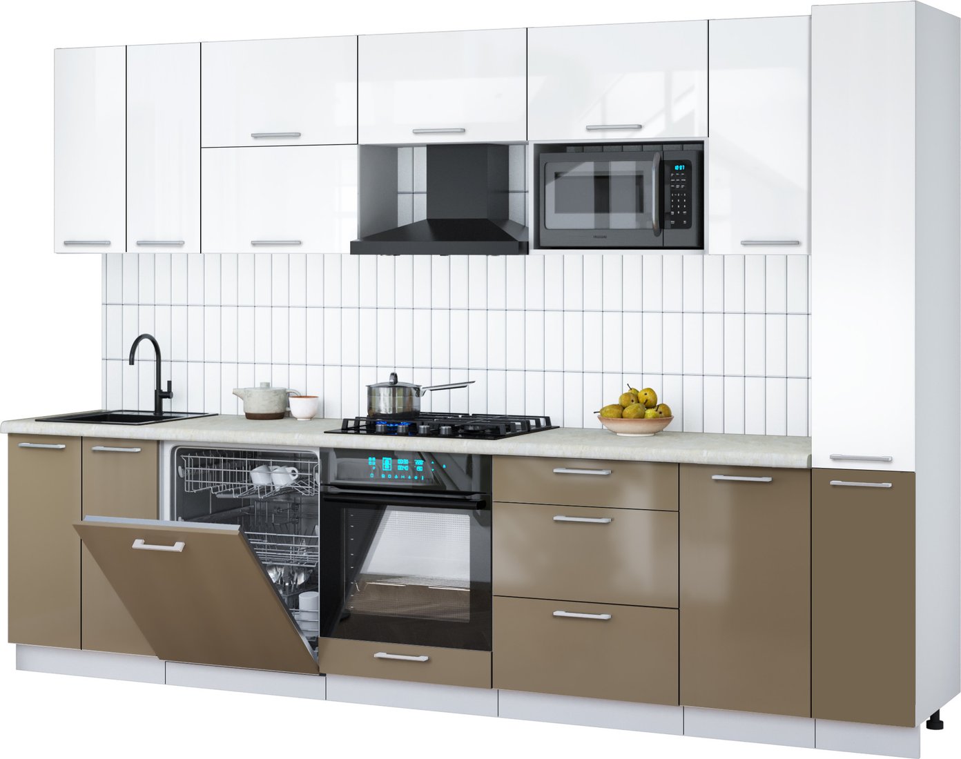 

Готовая кухня Интерлиния Мила Gloss 3.1-ПМ2 (капучино глянец/белый глянец/опал светлый)