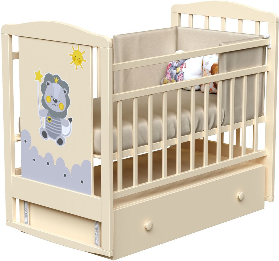 

Классическая детская кроватка VDK Happy Lion маятник и ящик (слоновая кость)