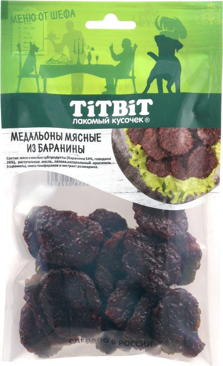 

Лакомство для собак TiTBiT Медальоны мясные из ягненка Меню от Шефа 80 г