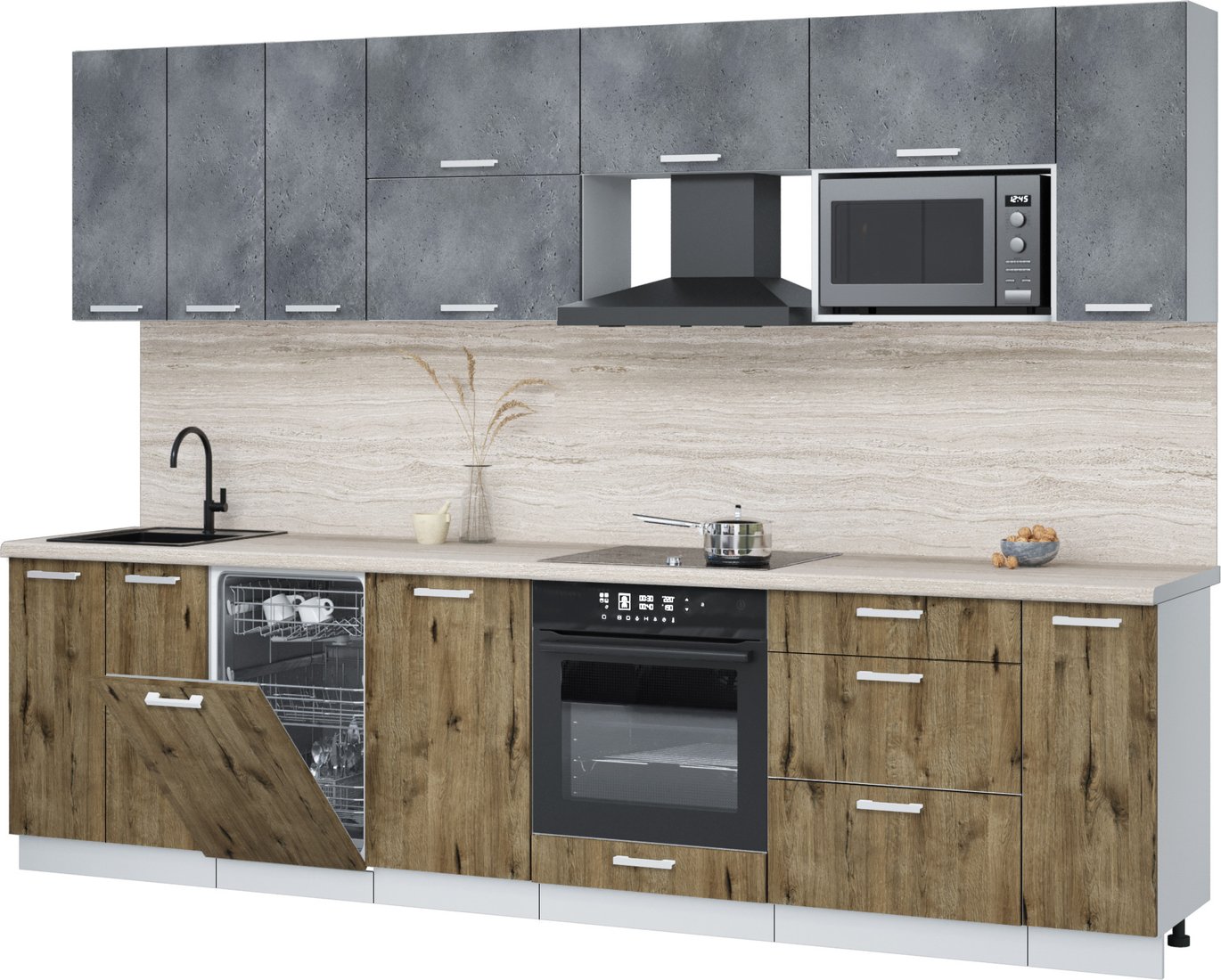 

Готовая кухня Интерлиния Мила Лайт 3.0-ПМ4 (бетон портленд/дуб веллингтон/травертин серый)