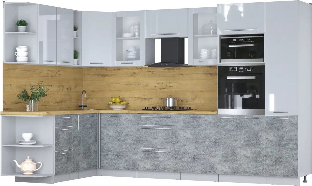 

Готовая кухня Интерлиния Мила Пластик 1.88x3.2 LV (туманный глянец/мрамор/дуб бунратти)