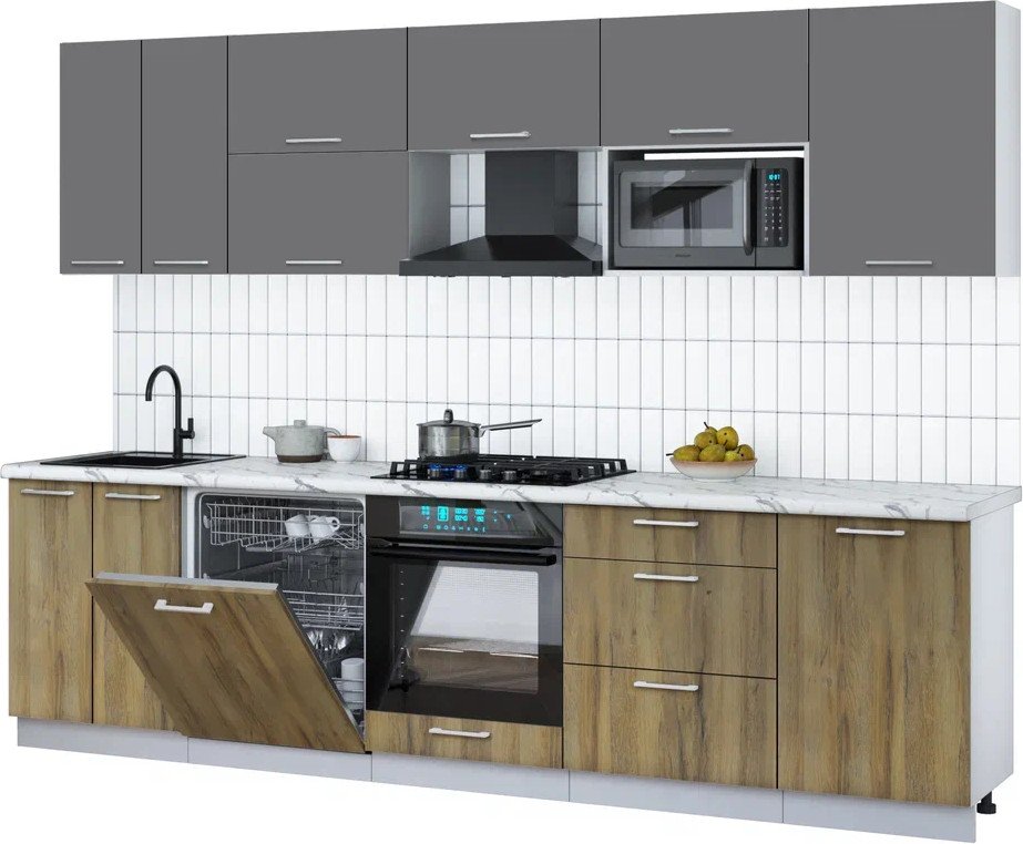 

Готовая кухня Интерлиния Мила Gloss 2.9-ПМ2 (дуб вотан/серый/белый гранит)