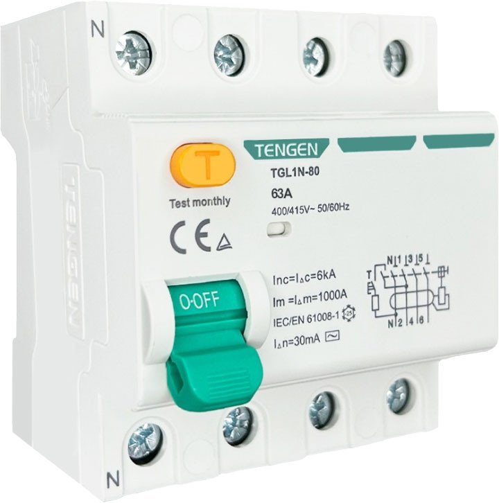 

Устройство защитного отключения Tengen TGL1N-80 4P 63A 6kA 30mA AC 4M TEN320031