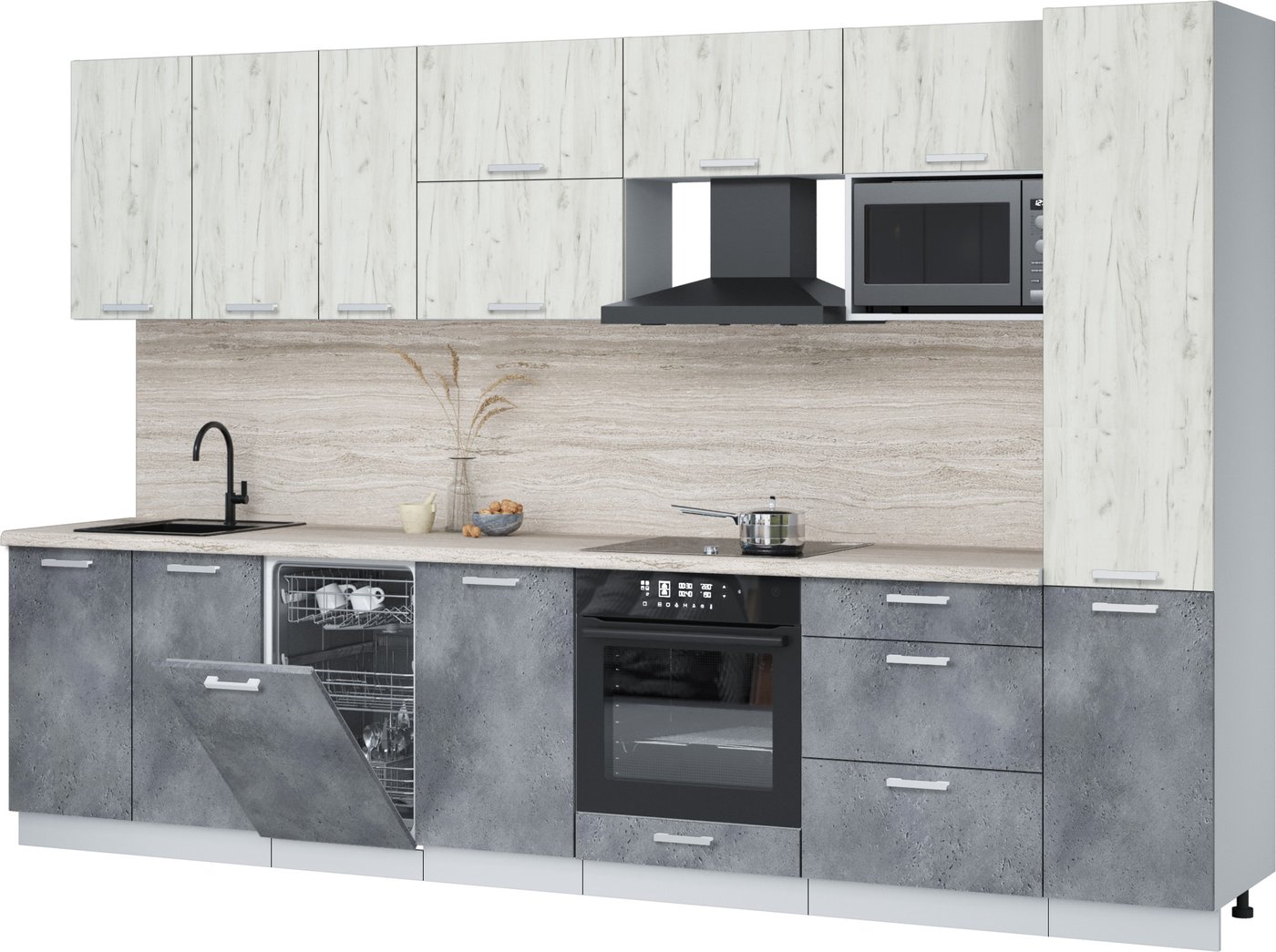 

Готовая кухня Интерлиния Мила Лайт 3.3-ПМ4 (дуб белый/бетон портленд/травертин серый)