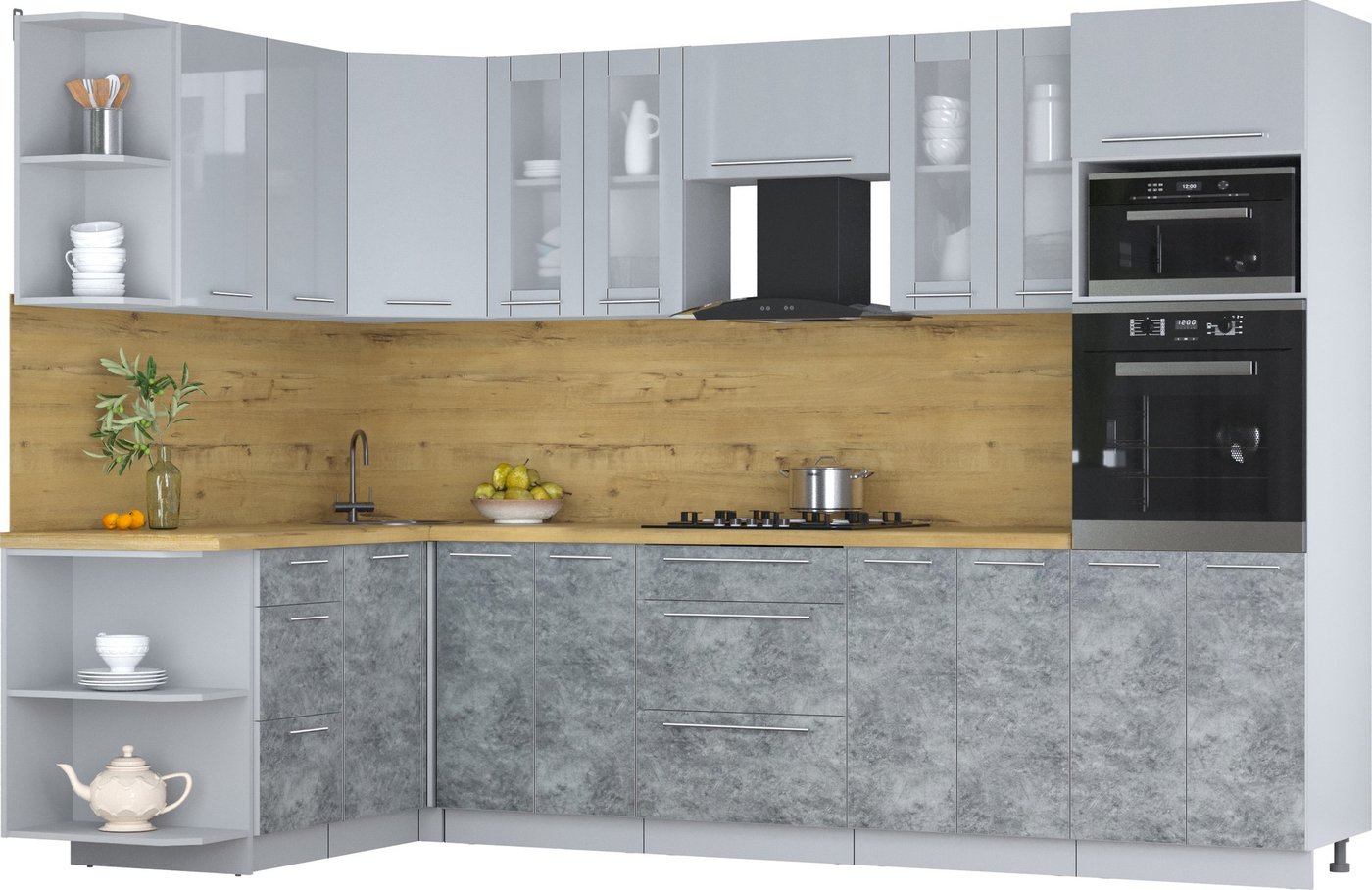 

Готовая кухня Интерлиния Мила Пластик 1.68x3.0 LV (туманный глянец/мрамор/дуб бунратти)