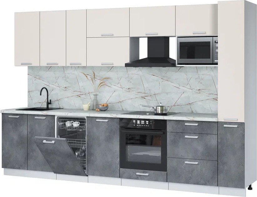 

Готовая кухня Интерлиния Мила Лайт 3.2-ПМ4 (персидский жемчуг/бетон портленд/серый каспий)