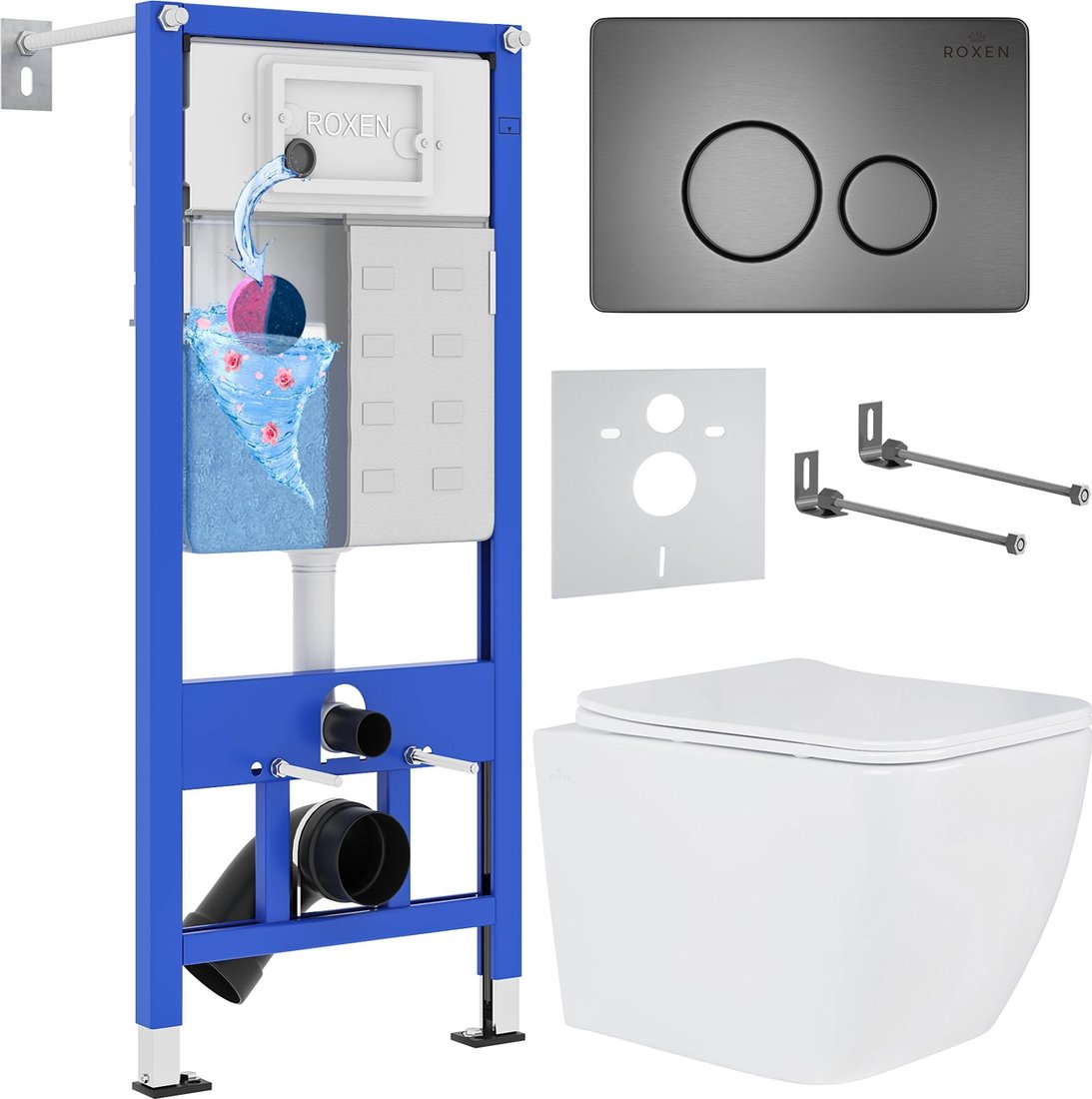 

Унитаз подвесной Roxen Cube One Rimless 6 в 1 StounFix Dual Fresh 625840 (оружейная сталь/металл)