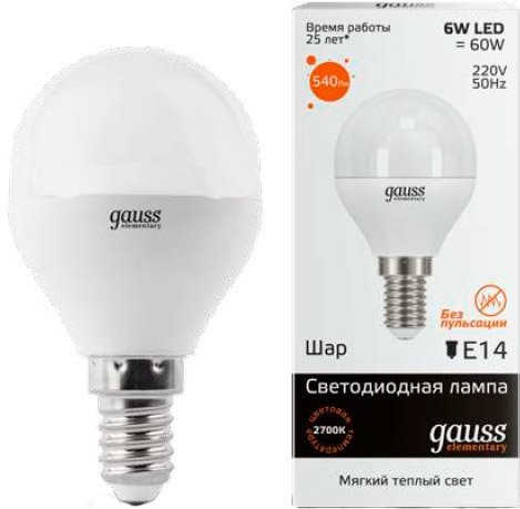 

Светодиодная лампочка Gauss Elementary E14 6Вт 2700К [53116]