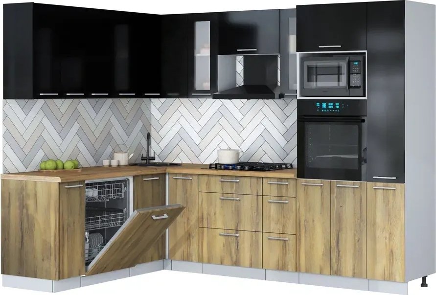 

Готовая кухня Интерлиния Мила Gloss 1.896х2.68 (дуб вотан/черный глянец/дуб бунратти)