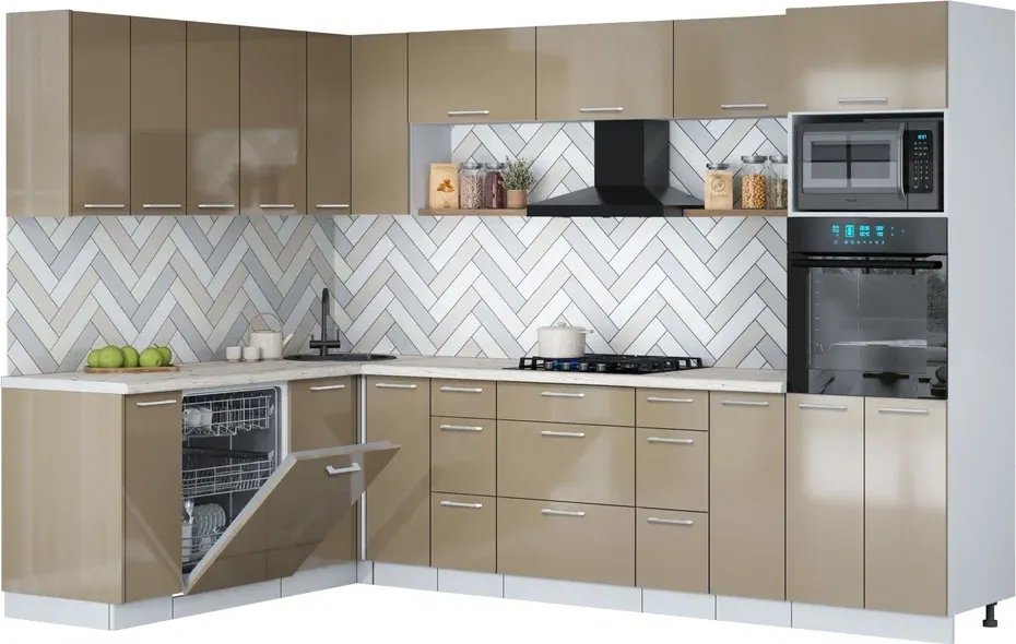 

Готовая кухня Интерлиния Мила Gloss 1.896х2.98-2 (капучино глянец/капучино глянец/бискайская сосна)