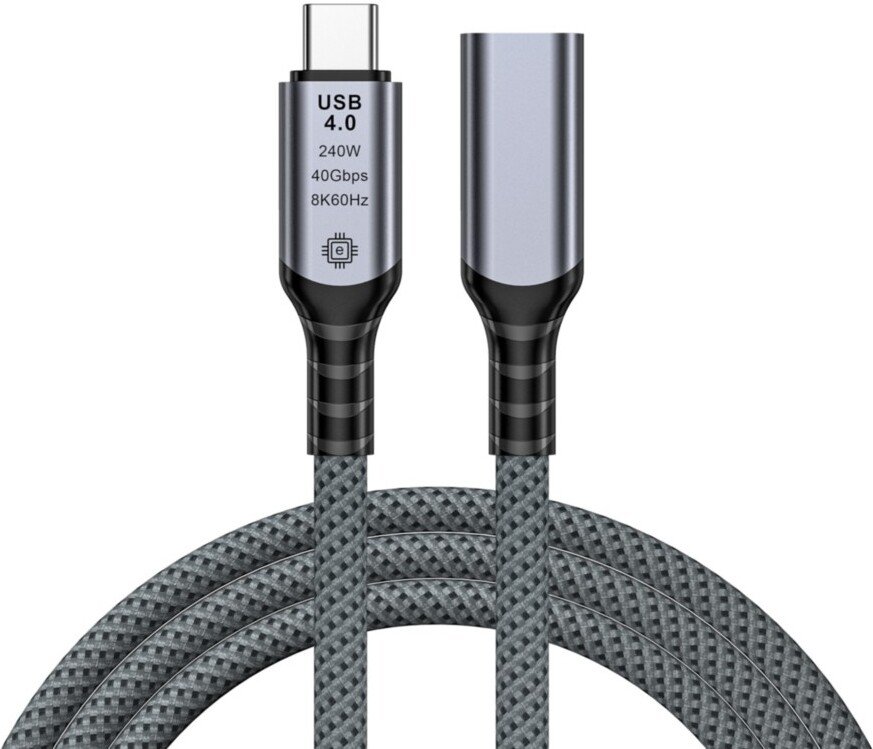 

Удлинитель USBTOP USB 4.0 USB Type-C - USB Type-C (M-F, с чипом E-Marker, 1.5 м, серый)