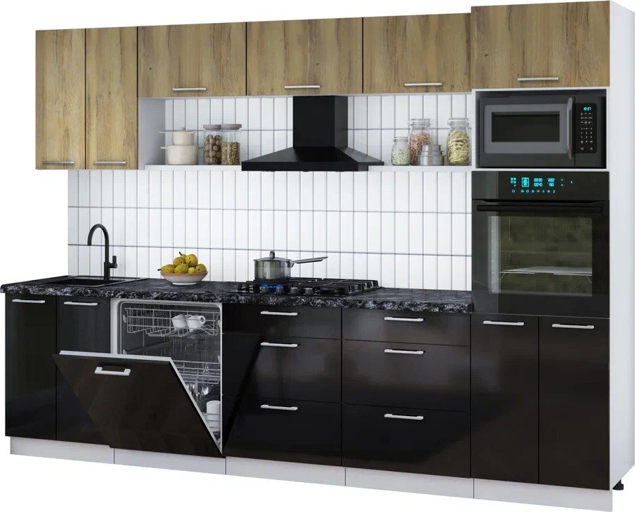 

Готовая кухня Интерлиния Мила Gloss 3.0-ПМ1 (черный глянец/дуб вотан/кастилло темный)