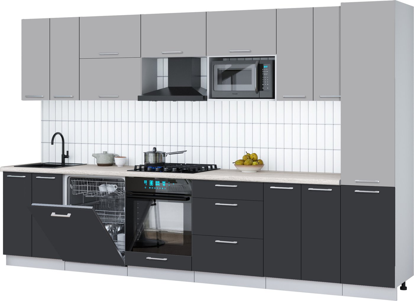 

Готовая кухня Интерлиния Мила Gloss 3.4-ПМ2 (пепел/грей/травертин серый)