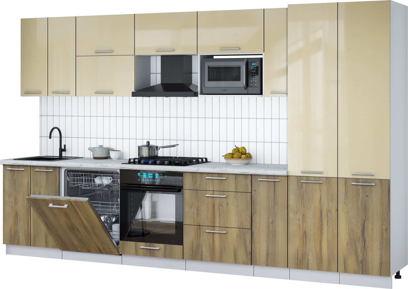 

Готовая кухня Интерлиния Мила Gloss 3.5-ПМ2 (дуб вотан/ваниль глянец/серый каспий)