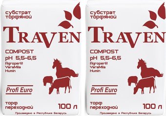 Торф Traven компост рН 5.5-6.5 (100 л) 2 шт