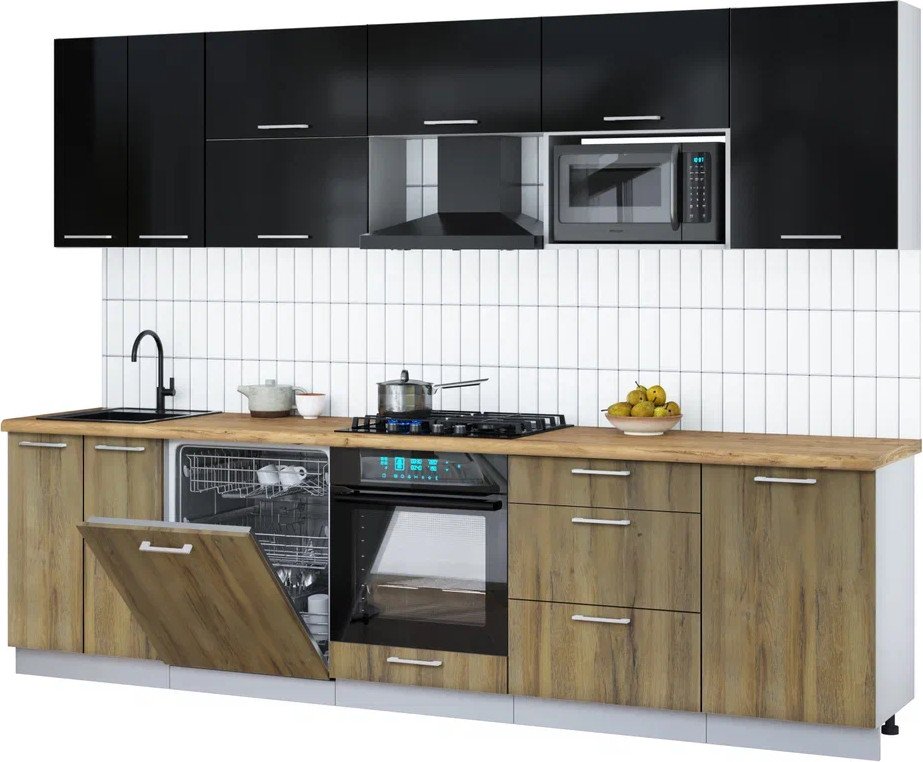 

Готовая кухня Интерлиния Мила Gloss 2.9-ПМ2 (дуб вотан/черный глянец/дуб бунратти)