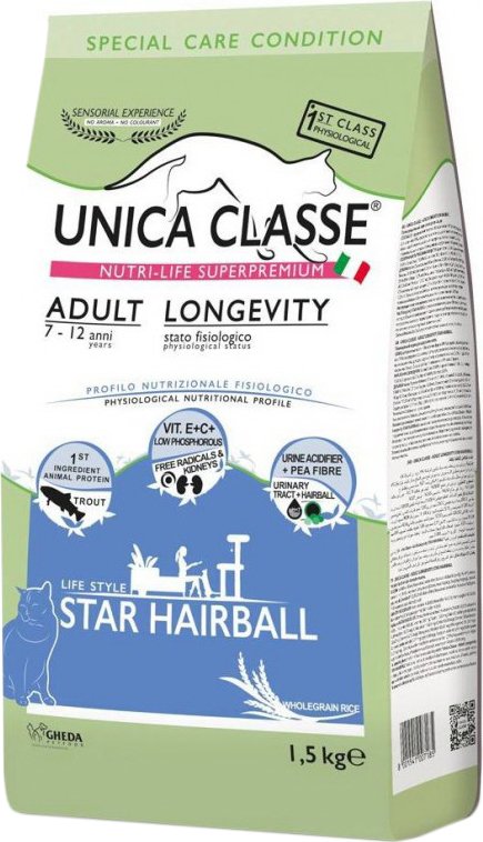 

Сухой корм для кошек Unica Classe Special Care Condition Adult Longevity Star Hairball Trout 1.5 кг