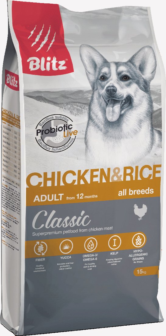 

Сухой корм для собак Blitz Classic Adult All Breeds Chicken & Rice (с курицей и рисом) 15 кг