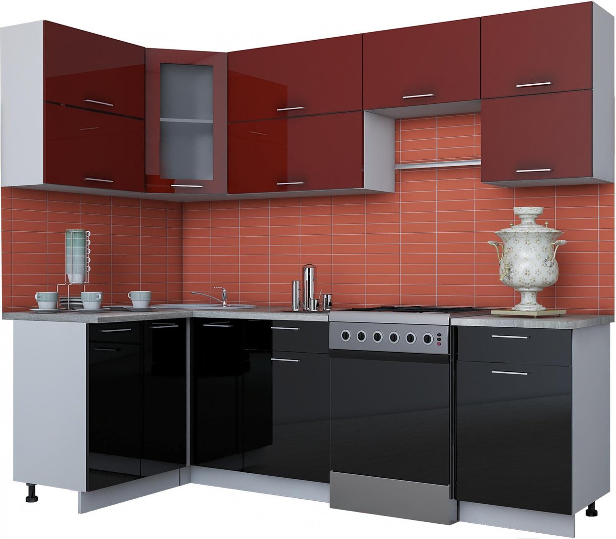 

Готовая кухня Интерлиния Мила Gloss 60-12x25 (бордовый/черный глянец)