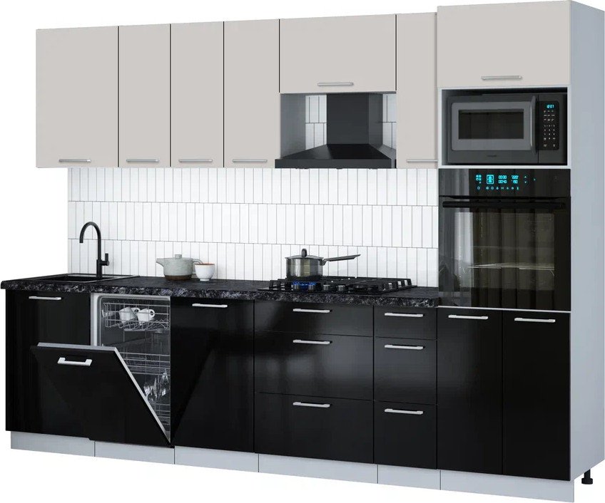 

Готовая кухня Интерлиния Мила Gloss 2.9-ПМ3 (черный глянец/кашемир/кастилло темный)