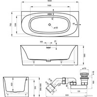 Ванна Wellsee Belle Spa 2.0 160x75 235803004 (пристенная ванна (правая) белый глянец, экран, каркас, сифон-автомат золото)