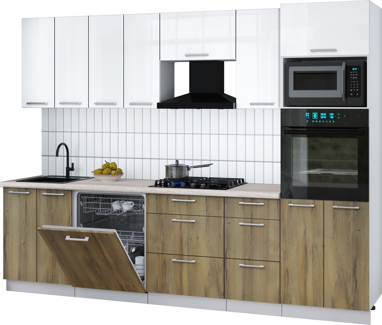 

Готовая кухня Интерлиния Мила Gloss 2.8-ПМ1 (дуб вотан/белый глянец/травертин серый)